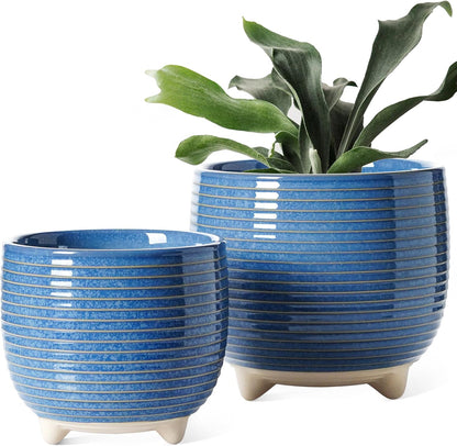 LE TAUCI Ceramic Plant Pots, 5.1 + 6.4 Inch Footed Pots for Plants, Modern Flower Pots for Home and Office, Indoor Planters with Drainage, Reactive Glaze White