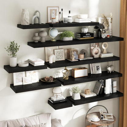 72 Inch Long Floating Shelves for Wall Set of 2, 12"D Wood Grain Bathroom Shelves with Invisible Brackets, Easy Install Engineered Wood Storage Shelves for Kitchen, Living Room, Bedroom, Black Finish