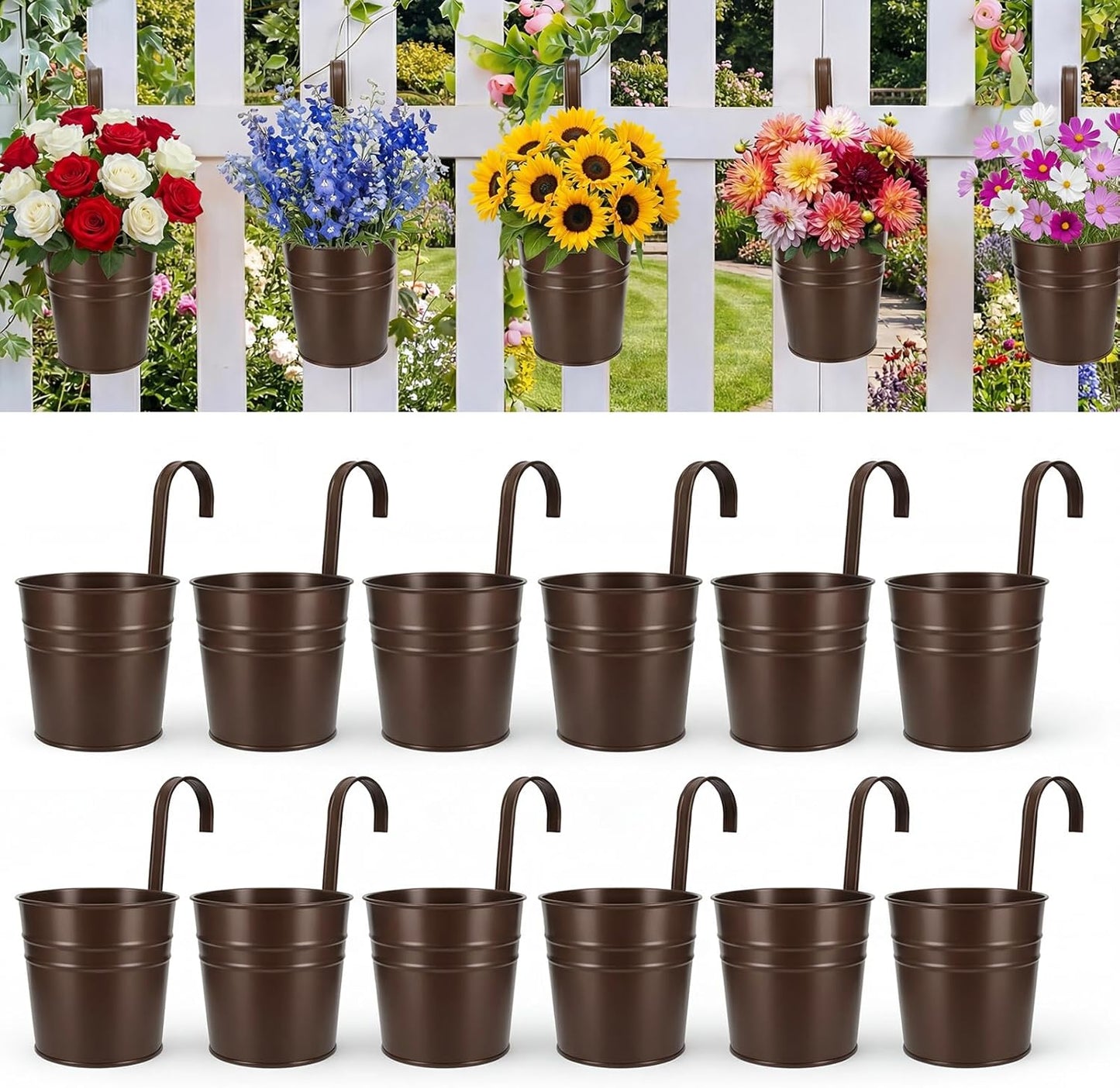 HowRU Metal Iron Flower Pots for Railing Fence Hanging Bucket Pots(5 Pcs) and Hanging Flower Pots Metal Iron Bucket Planter(10 Pcs) (Black)
