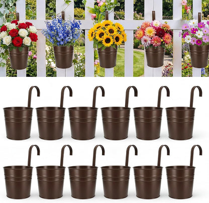 HowRU Metal Iron Flower Pots for Railing Fence Hanging Bucket Pots(5 Pcs) and Hanging Flower Pots Metal Iron Bucket Planter(10 Pcs) (Black)