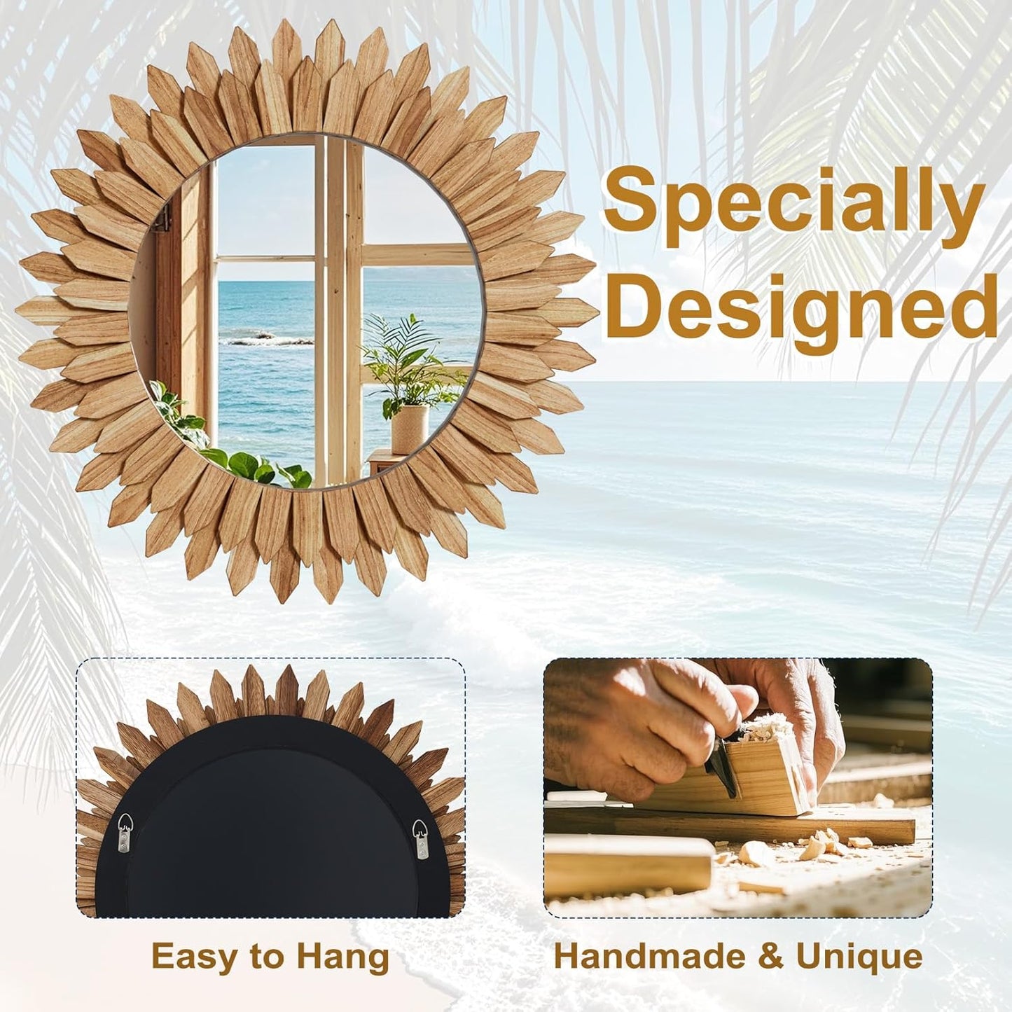 20 Inch Brown Boho Wall Decor Sunburst Mirror - Round Wooden Wall Decor, Handmade Rustic Circular Mirror for Living Room, Bedroom, Entryway, Office