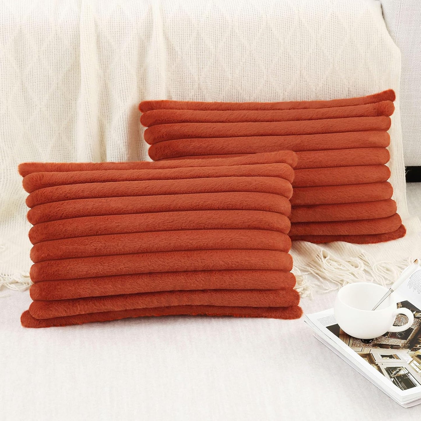 Pallene Faux Fur Plush Throw Pillow Covers 18x18 Set of 2, Luxury Soft Fluffy Striped Decorative Pillow Covers for Sofa, Couch, Living Room, Cream White