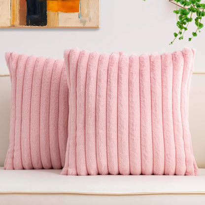 Aegero Pack of 2 Faux Fur Christmas Throw Pillow Covers 18x18 Inch, Soft Plush Striped Neutral Couch Pillow Cover, with Velvet Back Modern Home Decor for Sofa Living Room Couch Bed Cream White