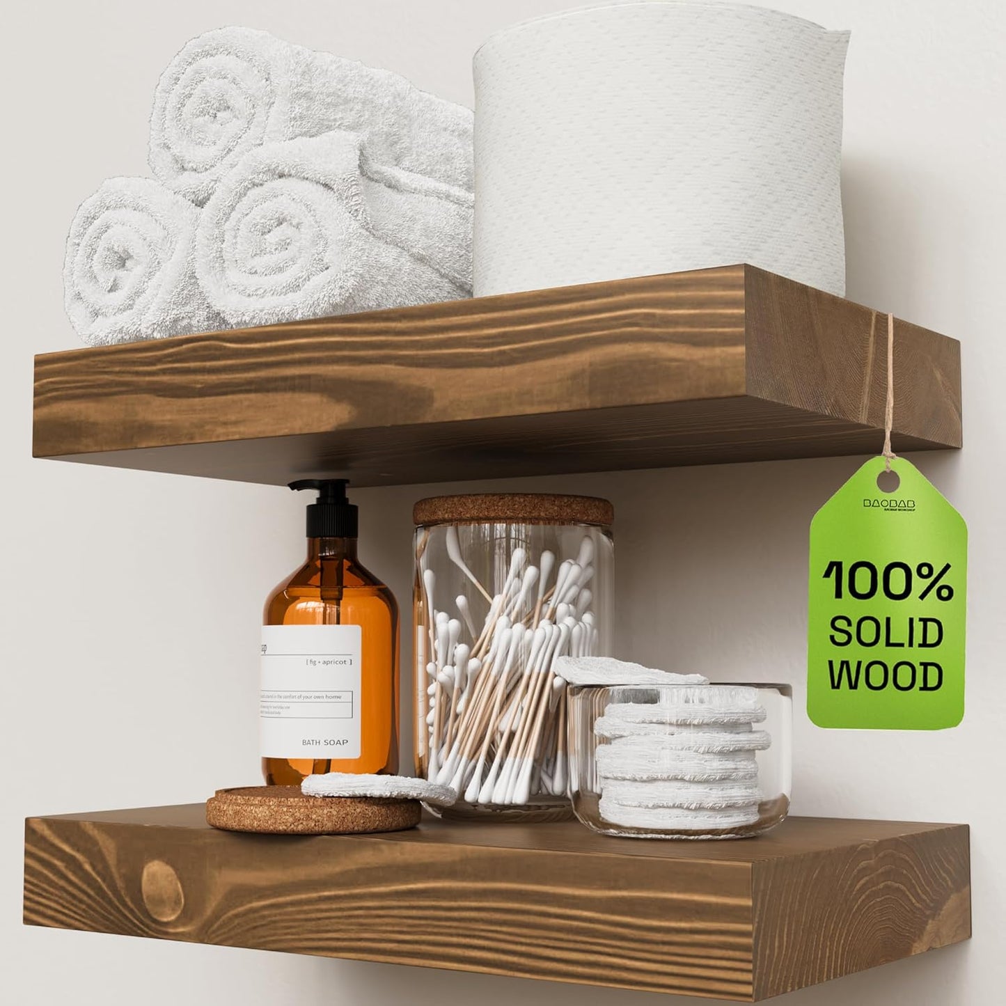 BAOBAB WORKSHOP Wood Floating Shelves for Wall Mounted, 16 inch Walnut Floating Shelf for Bathroom, Solid Wooden Wall Shelves for Kitchen Bedroom Farmhouse, Walnut Finish, 16 x 6.7, Set of 2