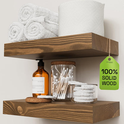 BAOBAB WORKSHOP Wood Floating Shelves for Wall Mounted, 16 inch Walnut Floating Shelf for Bathroom, Solid Wooden Wall Shelves for Kitchen Bedroom Farmhouse, Walnut Finish, 16 x 6.7, Set of 2