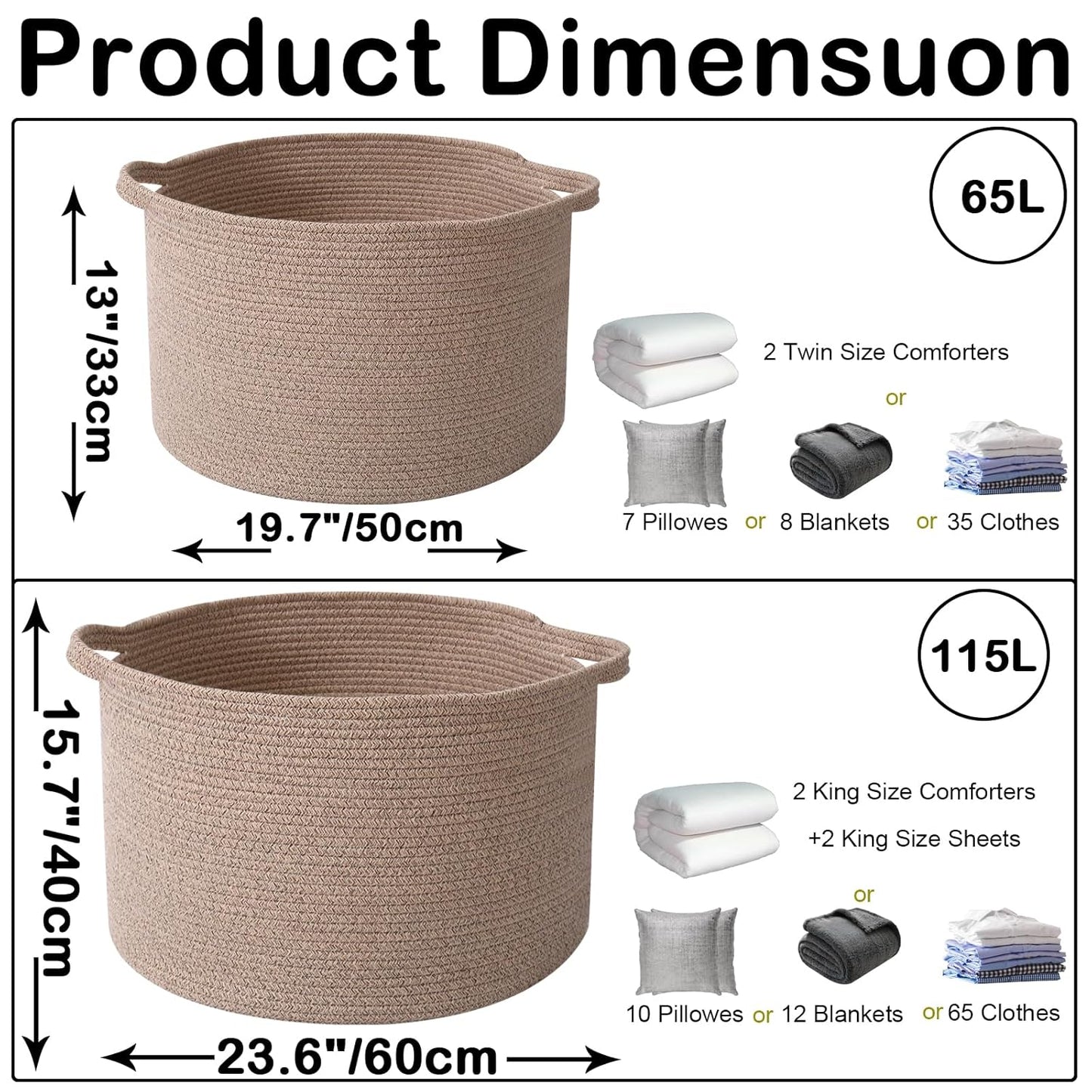 Large Woven Blanket Basket,65L Cotton Rope Laundry Basket Hamper with Handles, Decorative Nursery Basket Storage Bin for Toys, Clothes Organizer, Living Room, Bedroom, Bathroom, White & Brown