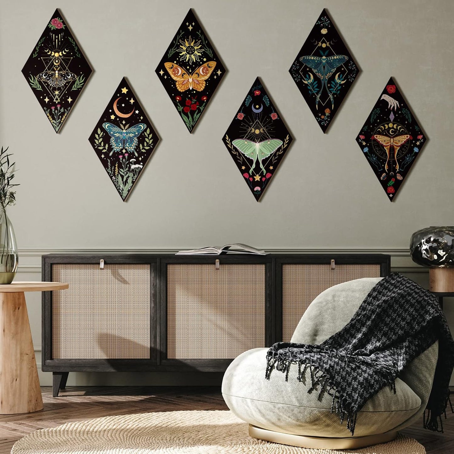 Sintuff 6 Pieces Gothic Wall Decor Boho Sun Moon Phases Wall Art Gothic Minimalist Stars Sun Hanging Wooden Home Decor Farmhouse Pediments for Gallery Living Bedroom Room(Mushroom)