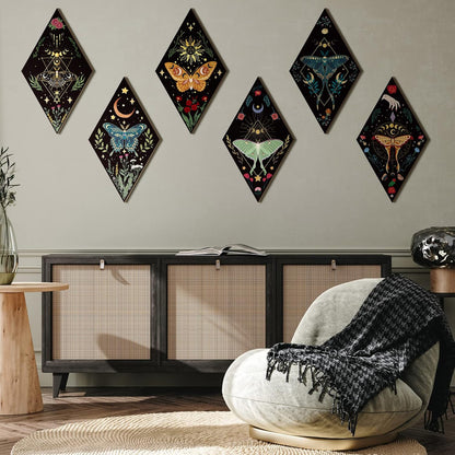 Sintuff 6 Pieces Gothic Wall Decor Boho Sun Moon Phases Wall Art Gothic Minimalist Stars Sun Hanging Wooden Home Decor Farmhouse Pediments for Gallery Living Bedroom Room(Mushroom)