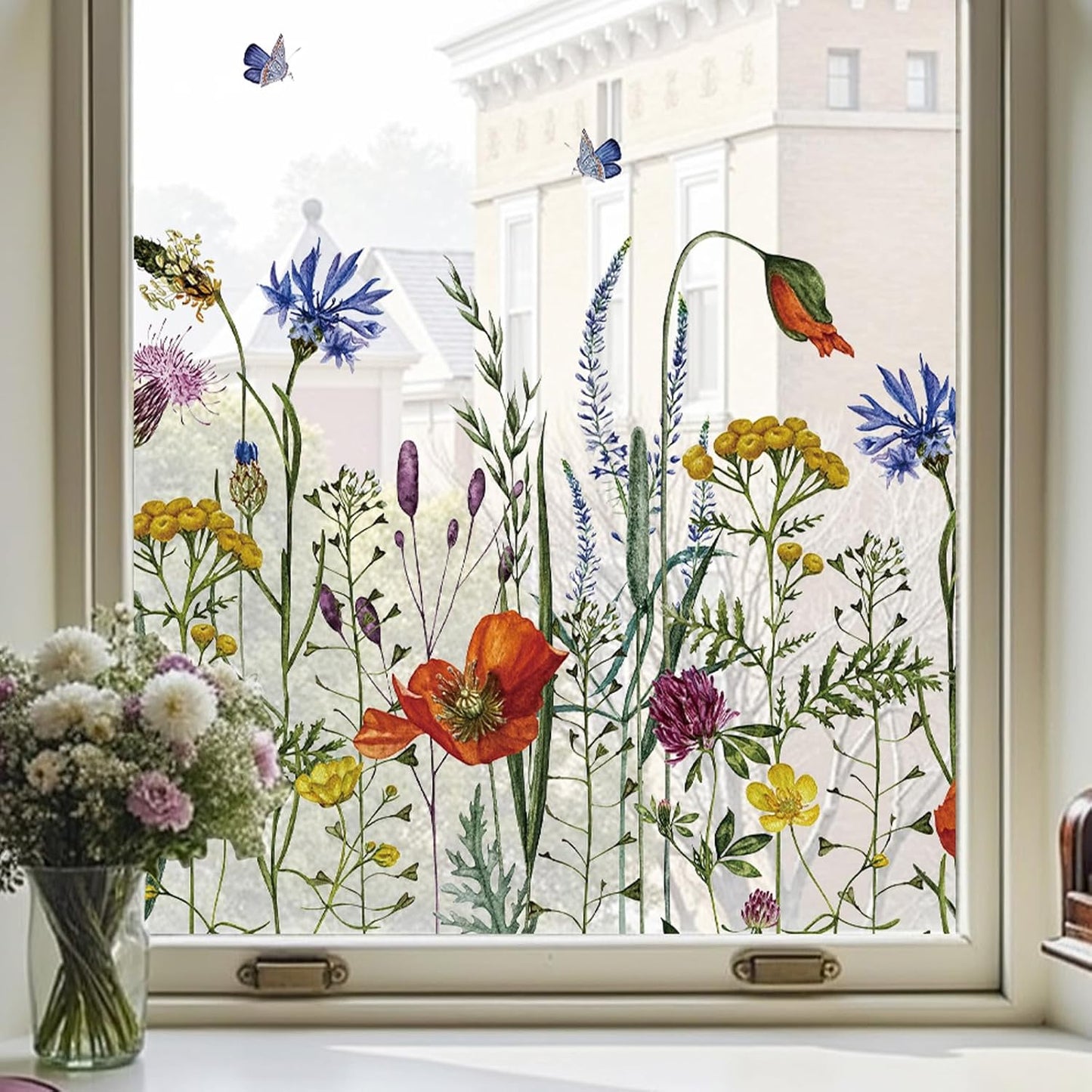 ADD.HERES Window Privacy Film,Colorful Floral Window Stickers,Removable DIY Bouquet Static Clings, Decals for Home School Office Party Supplies, Wildflower Reverie‌, 17.5 x 78.7 in