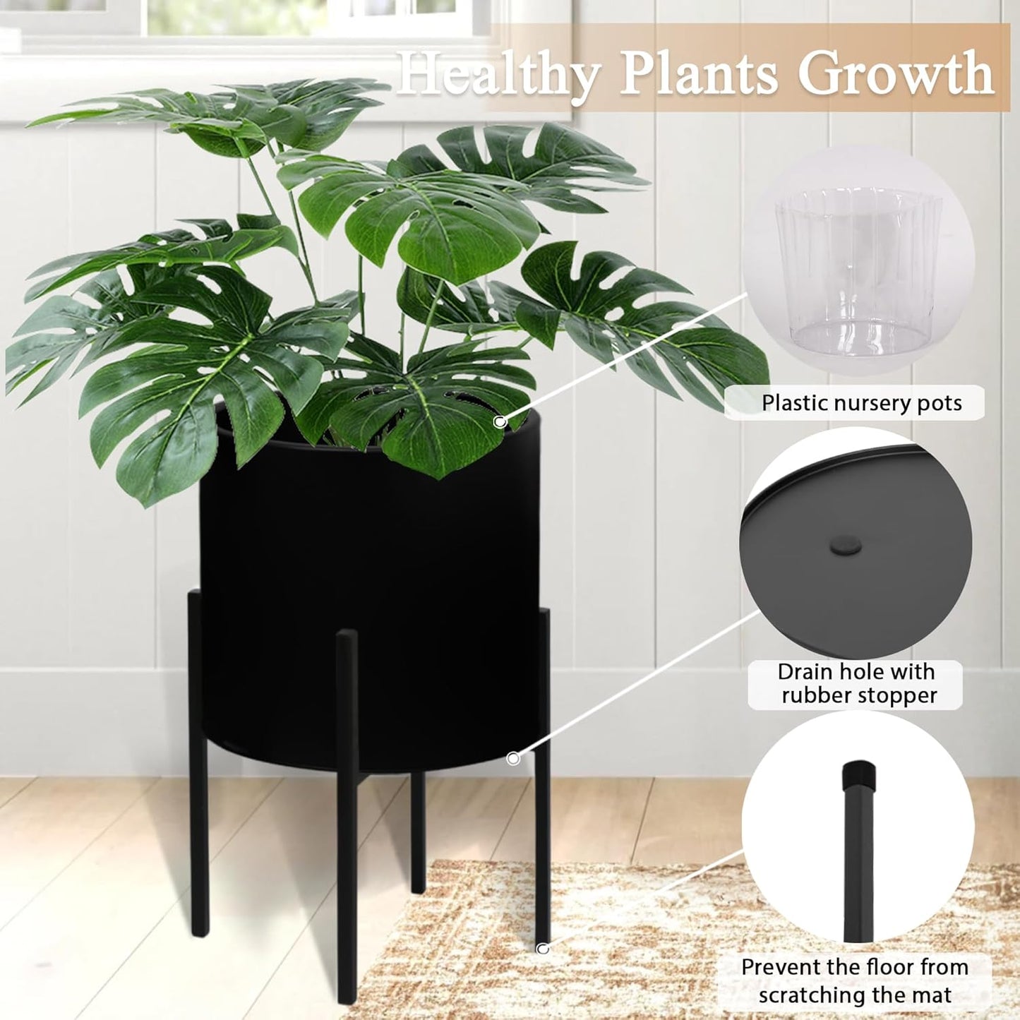 ARNIS Modern Plant Pots, Set of 2 Large Planters with Stand, Decorative Planters, Metal Pots with Drainage Holes for Living Room, Office, Garden or Balcony, 8.25 &10.5 Inch, Dirt