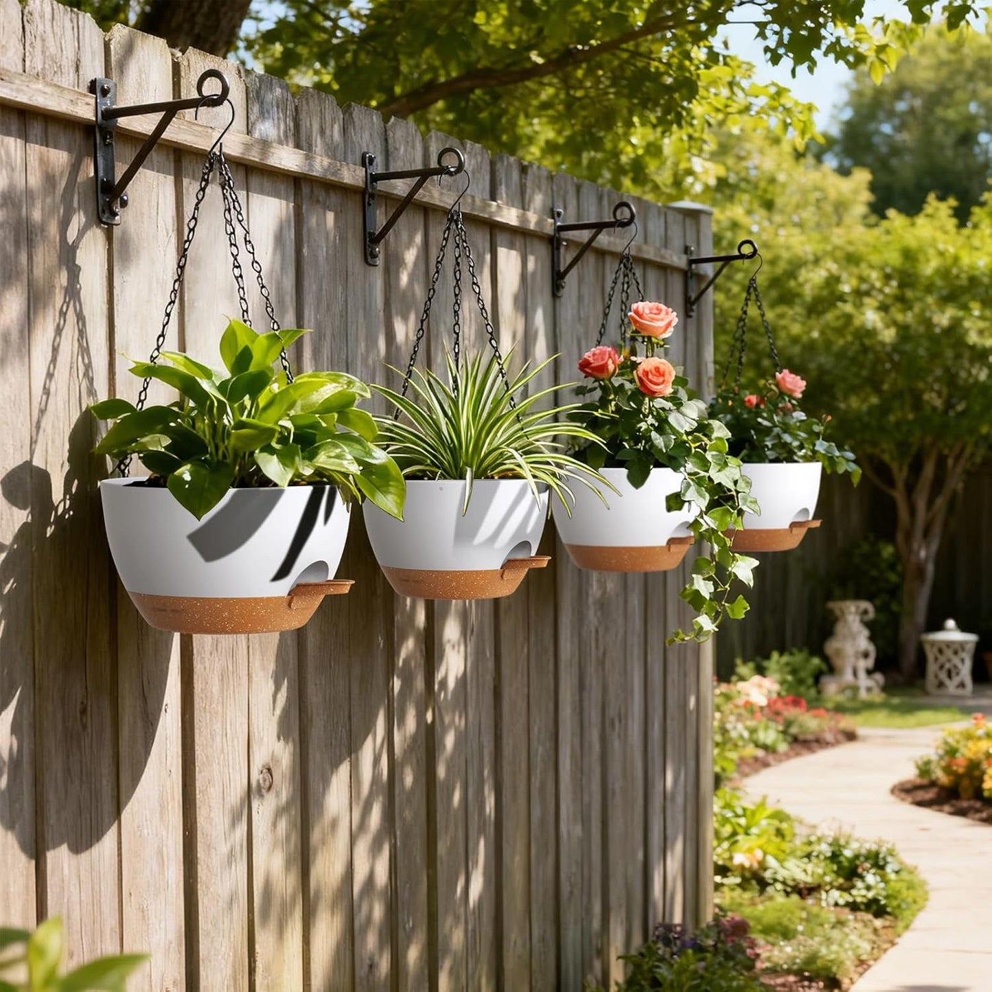 UOUZ Set of 3-10 Inch Self Watering Hanging Planters for Indoor Outdoor，Hanging Plant Pots with Drainage & Removable Tray, Hanging Pots Holder for Ivy, Pothos, Ferns, Balcony & Patio, Black with Brown