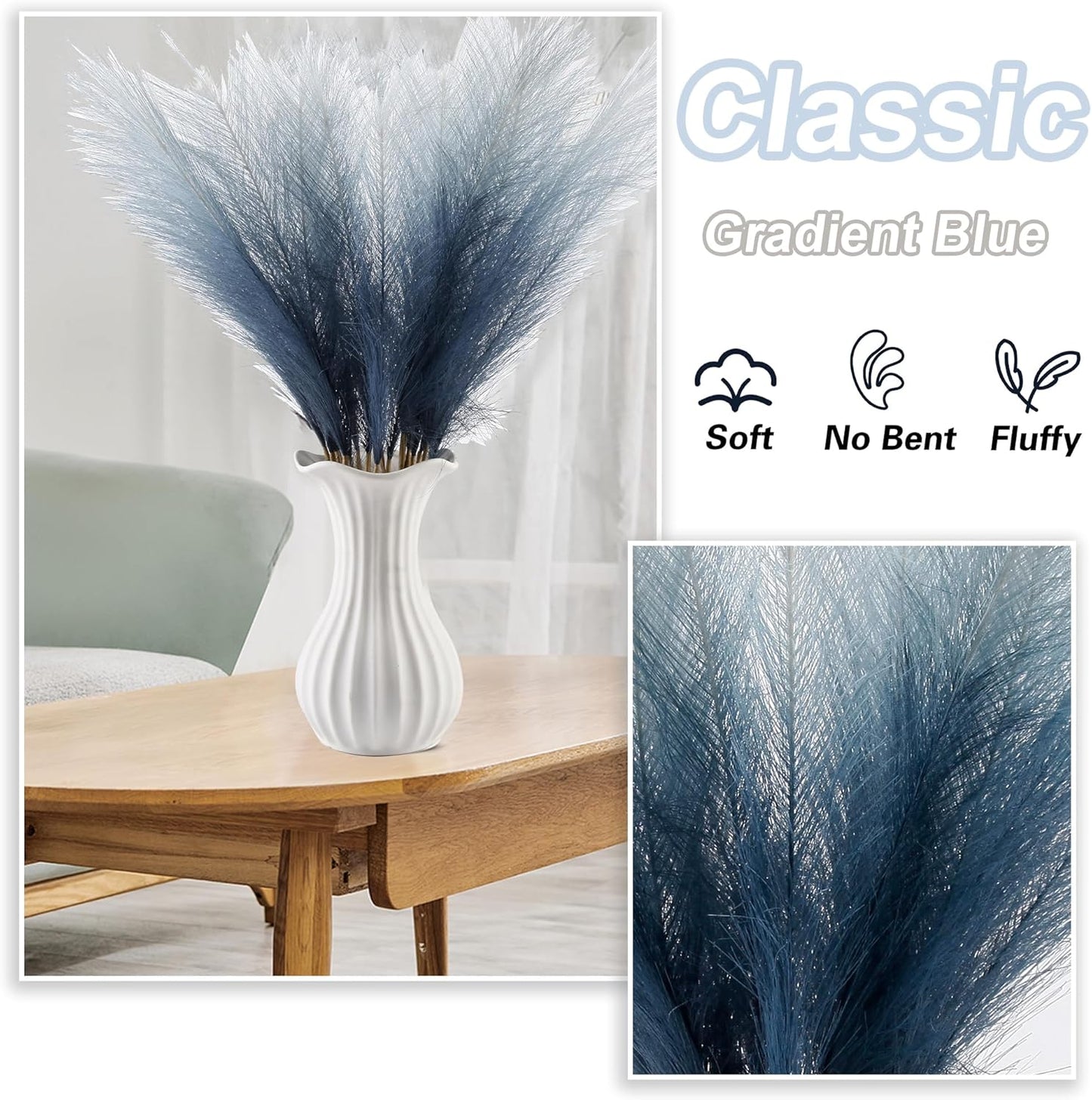 20Pcs Navy Blue Gradient and White Faux Pampas Grass Decor, 21.7"" Pompas Grass Flower Arrangement and Vase Filler for Boho Home Wedding Decoration, Black
