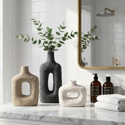 DREAMLOOM Ceramic Vase Set of 3, Modern Rustic Flower Vases for Pampas Grass, Dried & Fresh Flowers, Farmhouse Decorative Vase for Living Room Bedroom Kitchen Shelf Centerpiece, Rust