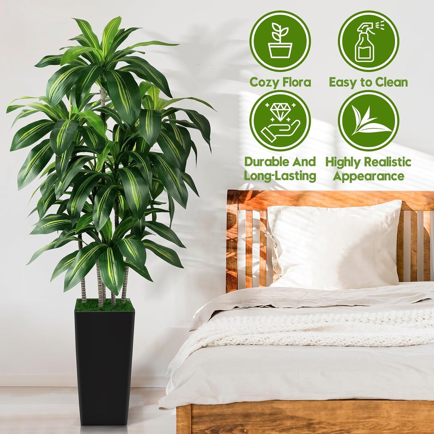 Artificial Dracaena Tree Indoor, 5FT Tall Fake Tree with White Tall Planter, Artificial Tree Fake Yucca Potted Tree for Home Office Living Room Decor, Tall Artificial Plant for Housewarming