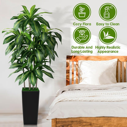 Artificial Dracaena Tree Indoor, 5FT Tall Fake Tree with White Tall Planter, Artificial Tree Fake Yucca Potted Tree for Home Office Living Room Decor, Tall Artificial Plant for Housewarming