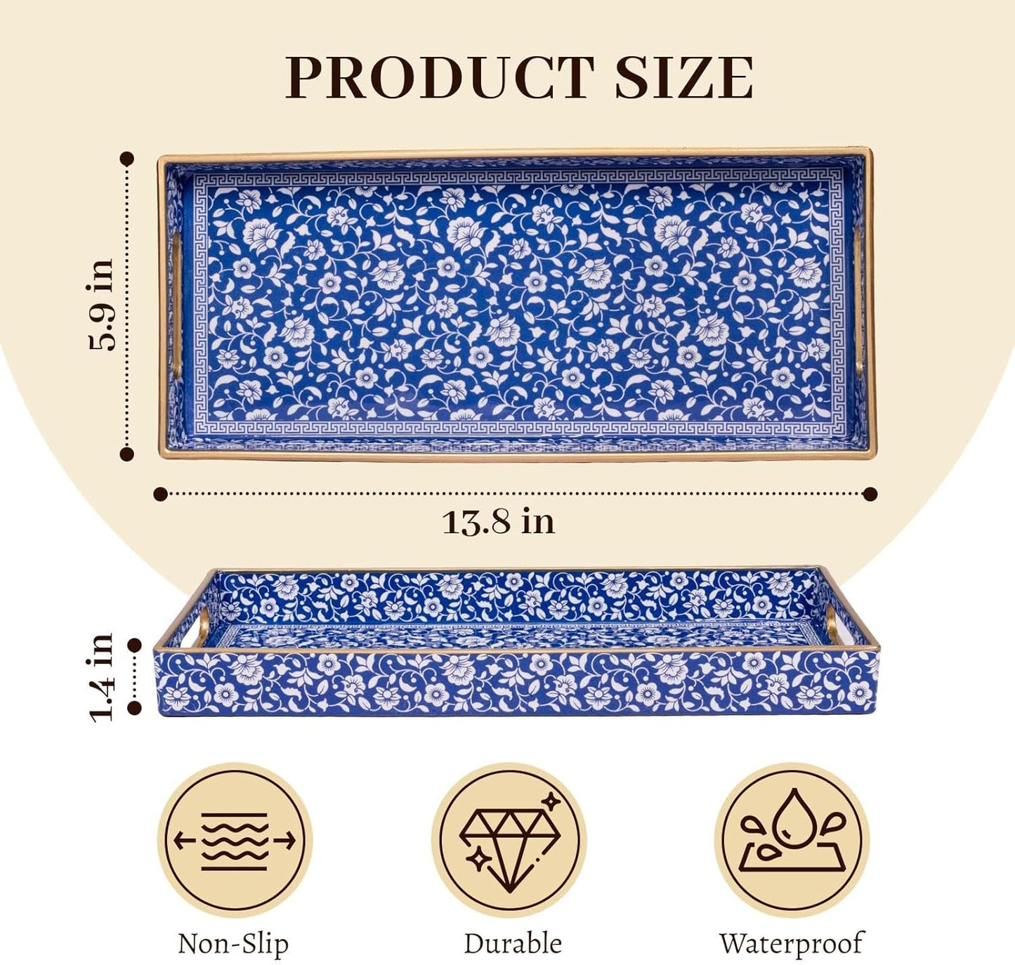MAONAME White Decorative Tray, Plastic Serving Tray with Handles, Rectangular Moroccan Trays, Long Narrow Trays for Bathroom, Kitchen Counter, 13.8" X 6" X 1.57"
