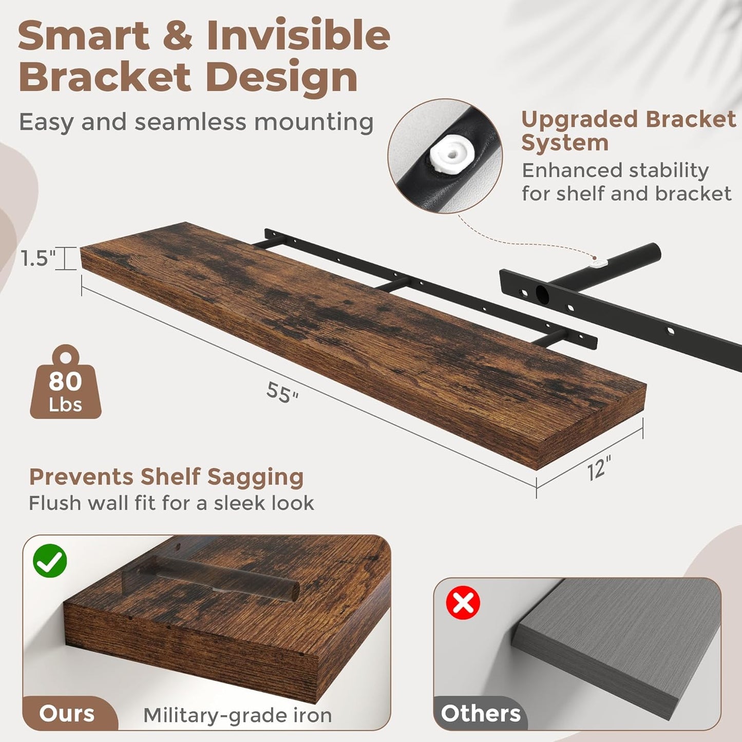 72 Inch Long Floating Shelves for Wall Set of 2, 12"D Wood Grain Bathroom Shelves with Invisible Brackets, Easy Install Engineered Wood Storage Shelves for Kitchen, Living Room, Bedroom, Black Finish