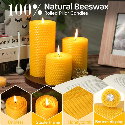 3 Pack Natural Beeswax Pillar Candles,Handmade Pure Beeswax Rolled Candle-60 Hours Long Burning,Honeycomb Bees Wax Candles for Home, Prayer,Dripless Smokeless Unscented Pillar Candle 2x4in