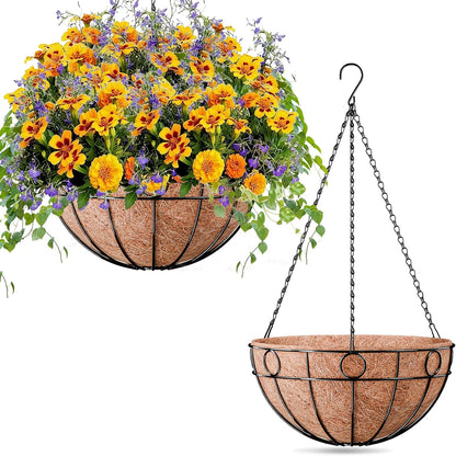 ZeeDix 2 Pack Round Hanging Baskets for Plants Outdoor, 12 Inch Metal Wire Planter Basket with Coco Liner, Hanging Flower Pots for Garden Yard Patio Porch Balcony Decor