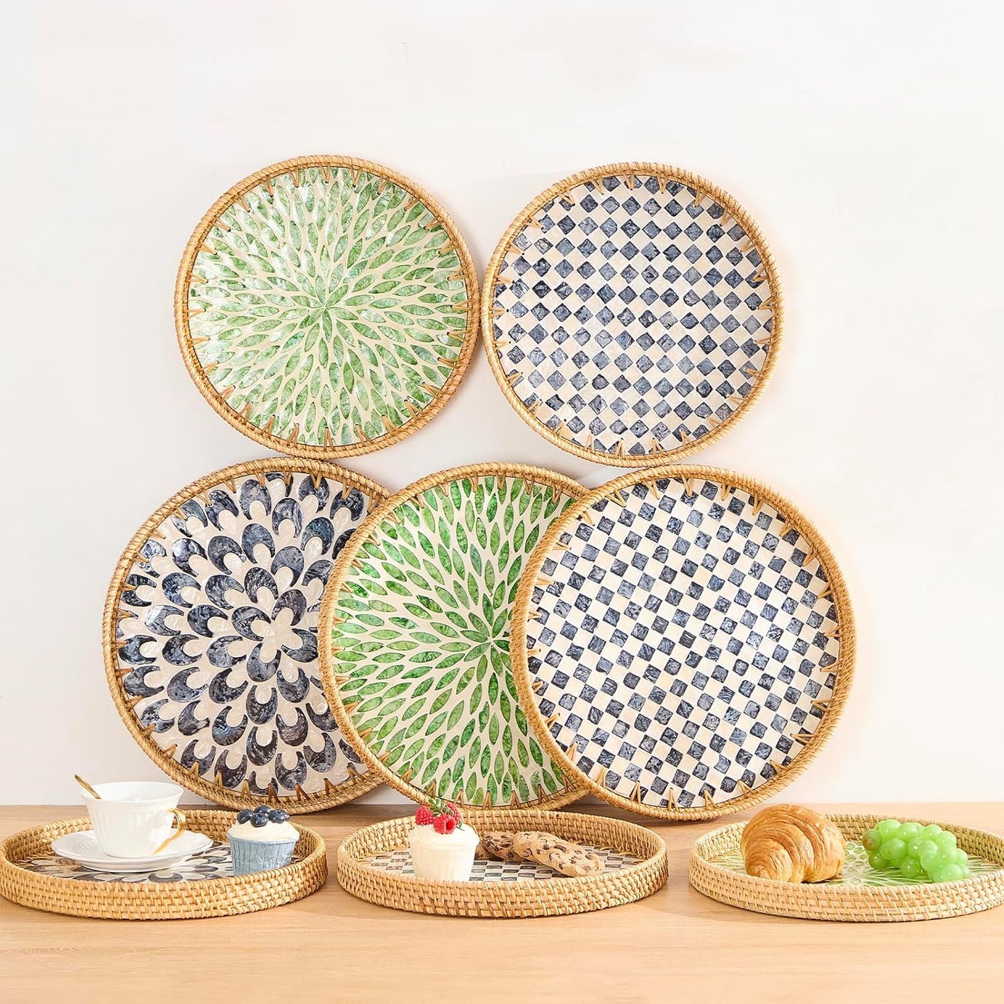 Round Rattan Tray with Mother of Pearl Inlay, Rattan Serving Tray with Wooden Base, Decorative Wicker Basket for Table Decor, Storage and Display of Coffee Bread Food Fruit (Leaf)