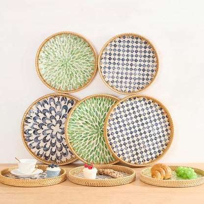 Round Rattan Tray with Mother of Pearl Inlay, Rattan Serving Tray with Wooden Base, Decorative Wicker Basket for Table Decor, Storage and Display of Coffee Bread Food Fruit (Leaf)