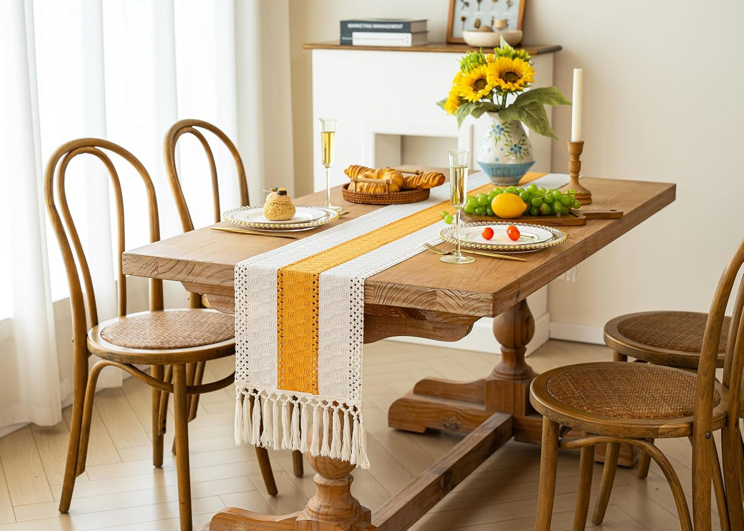 FEXIA Boho Table Runner for Thanksgiving Fall Christmas Home Decor with Tassels 72 Inches Long Pottery barn Furniture Farmhouse Rustic Macrame Burlap Table Decoration for Living Room (12x72 Inches)