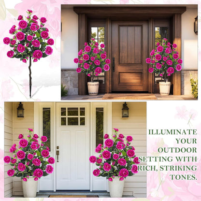 Lunmon 2 Pack 3ft Artificial Camellia Plants Tree 36" Faux Camellia Flower with Spike UV Resistant Realistic Fake Floral Blooming Bush for Indoor Outdoor Front Door Porch Backyard Garden, Purple