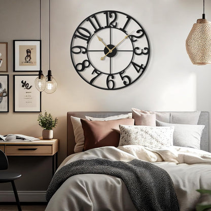 LEIKE 16" Large Wall Clocks Battery Operated, Round Modern Silent Non-Ticking Black Metal Wall Clock for Living Room Decor, Bedroom Kitchen (40cm Diameter, Black Roman Number)