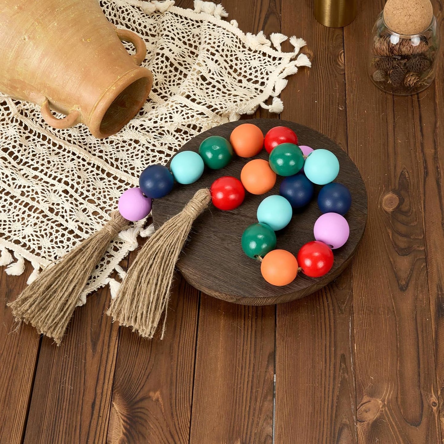 OMISHE Extra Large Wood Bead Garland with 1.6" Diameter Wooden Beads and Tassels, 41" Long Rustic Farmhouse Country Decorative Beads for Home Tiered Tray Decor, Natural Beige