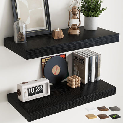 72 Inch Long Floating Shelves for Wall Set of 2, 12"D Wood Grain Bathroom Shelves with Invisible Brackets, Easy Install Engineered Wood Storage Shelves for Kitchen, Living Room, Bedroom, Black Finish