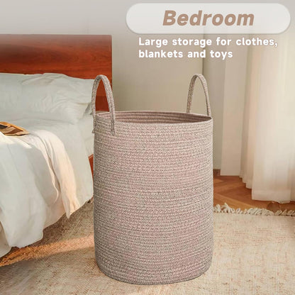 JMvicyroam Large Woven Laundry Basket Hamper,60L Cotton Rope Storage Bin for Blankets,Toys and Clothes,Decorative Tall Nursery Hamper for Living Room,Baby Nursery,Bathroom and Bedroom,Brown