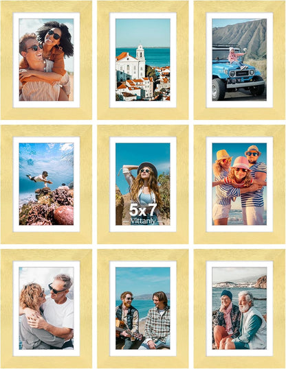 Vittanly 8x10 Picture Frames Set of 9, Shatter Resistant Plexiglass, Display 5x7 Pictures with Mat or 8x10 without Mat, Photo Frames for Wall or Tabletop, Engineered Wood, Black - Colors A