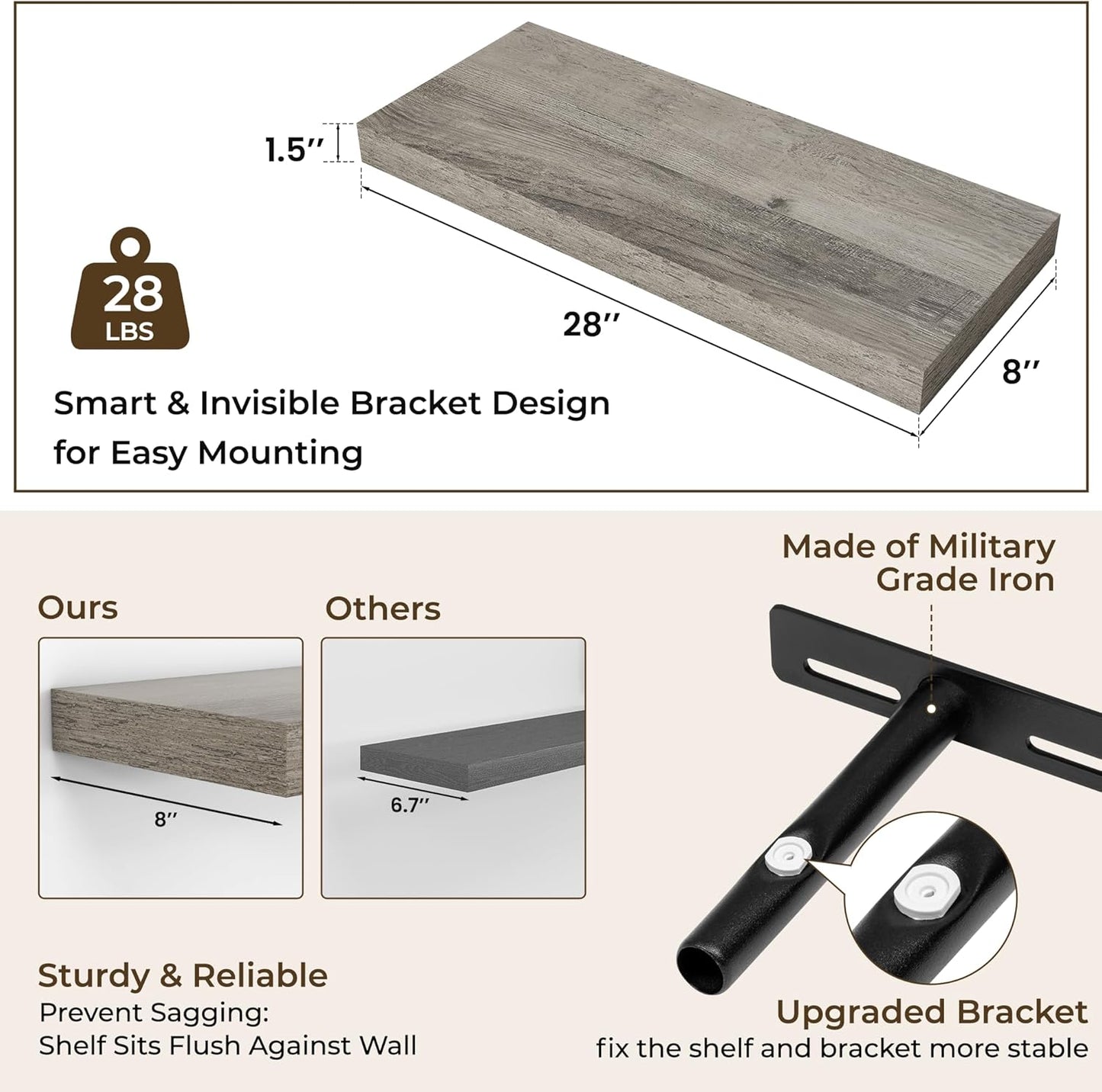 RICHFOCUS 72Inch Floating Shelves for Wall 2 Pack Shelves for Bedroom|Kitchen|Bathroom Wall Mounted Rustic Wood Floating Shelf with Invisible Brackets for Books|Storage|Decor, Rustic Brown