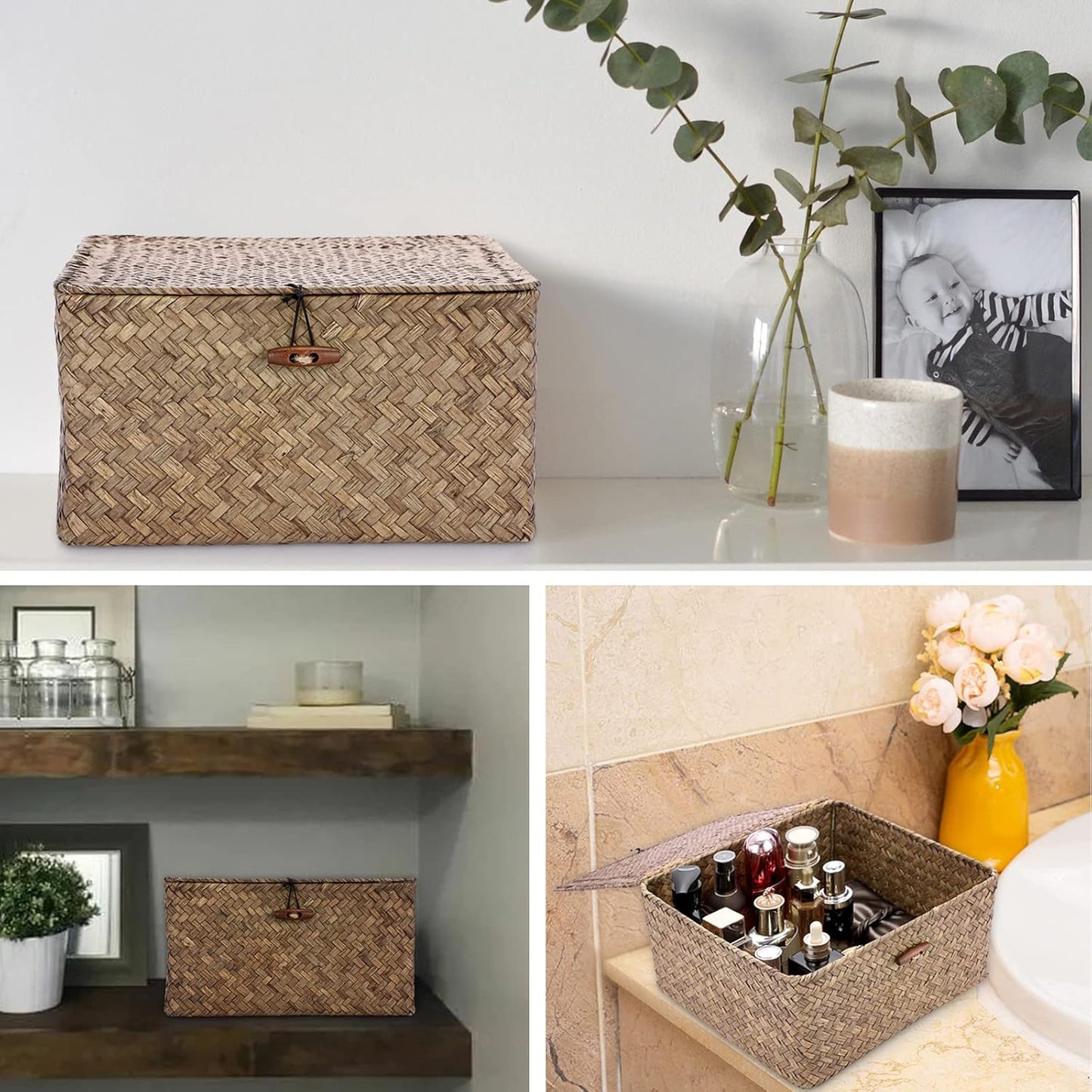 Hipiwe Seagrass Basket with Lid Wicker Storage Basket Square Handwoven Decorative Baskets Box for Shelf Multipurpose Household Baskets Home Decor,X-small