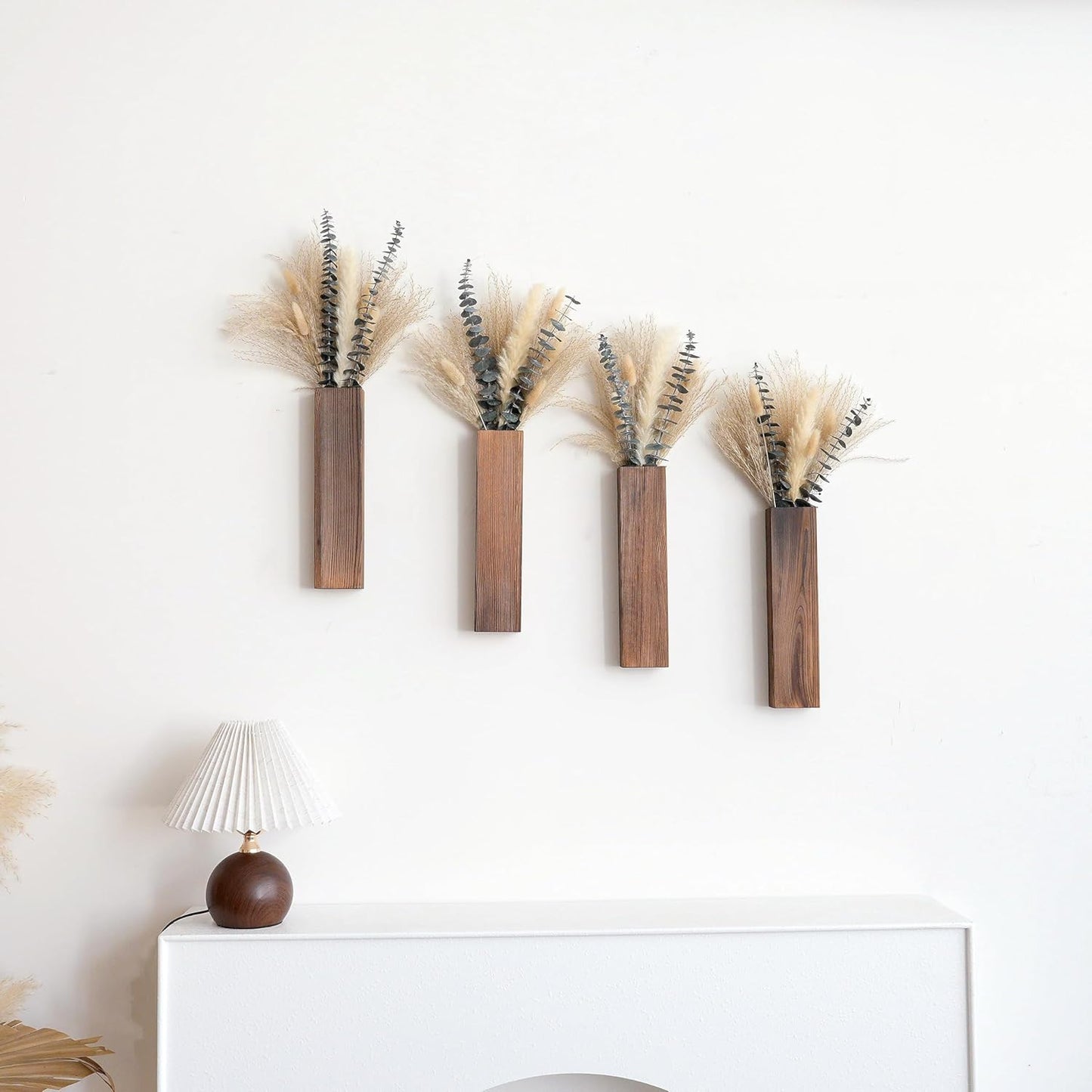 Set of 2 Wooden Vases with Pampas Grass and Eucalyptus – Boho Decor for Living Room, Modern Farmhouse Entryway or Bathroom, Rustic Art for Home Decoration