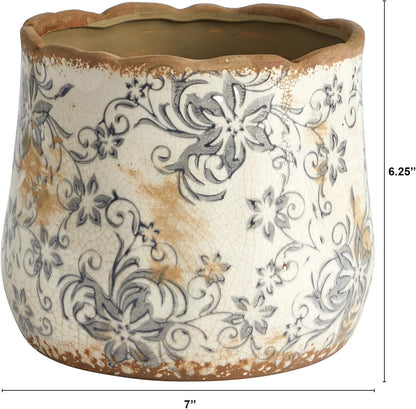 Nearly Natural 7in Ceramic Decorative Planter Tuscan Style Gray Scroll Design for Indoor Home Shelf Table Decor