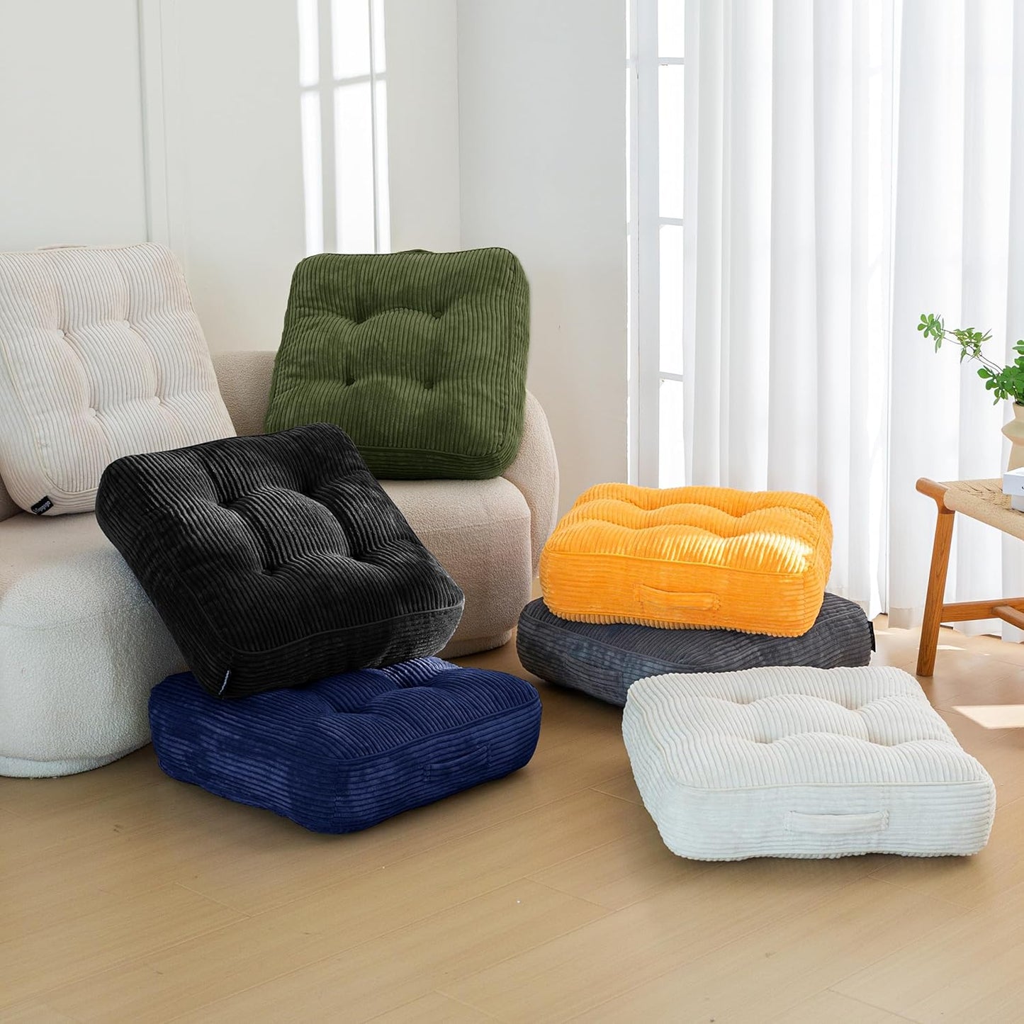 HIGOGOGO 6" Extra Thick Floor Pillow Cushion for Adults, Meditation Cushion Pillow, Large Square Floor Sitting, Tufted Corduroy Cover, for Tatami Living Room or Yoga, 22x22 Inch, 2Pack, Dark Grey