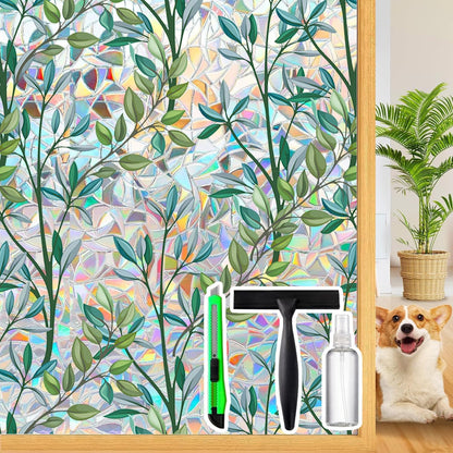Dwersty Rainbow Window Privacy Film with Cutting Reference Line, 3D Decals Stained Glass Clings, Static Cling Sticker, Suncatcher Windows Cover Tint for Home, 17.5 Inch x 78.74 Inch