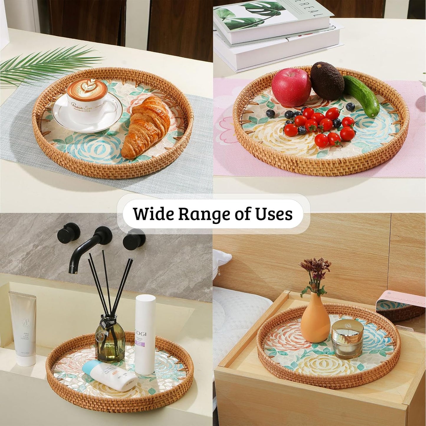Round Rattan Tray with Mother of Pearl Inlay, Decorative Wicker Serving Tray with Wooden Base, Woven Basket Trays for Bread Fruits Coffee, Leaf