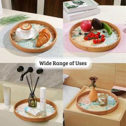 Round Rattan Tray with Mother of Pearl Inlay, Decorative Wicker Serving Tray with Wooden Base, Woven Basket Trays for Bread Fruits Coffee, Leaf