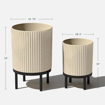Veradek Demi Series Round Planter w/ Stand for Porch/Patio | Durable Plastic-Concrete & Wooden Stand | Modern Décor for Tall Plants, Flowers