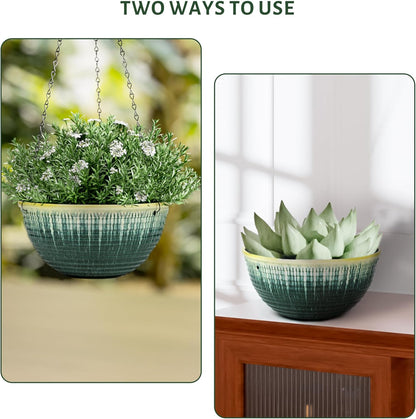 12 inch Large Hanging Planters for Indoor Outdoor Plants, Set of 2 Glazed Hanging Flower Pots with Drainage Hole, Hanging Baskets for Garden Home Porch Decor