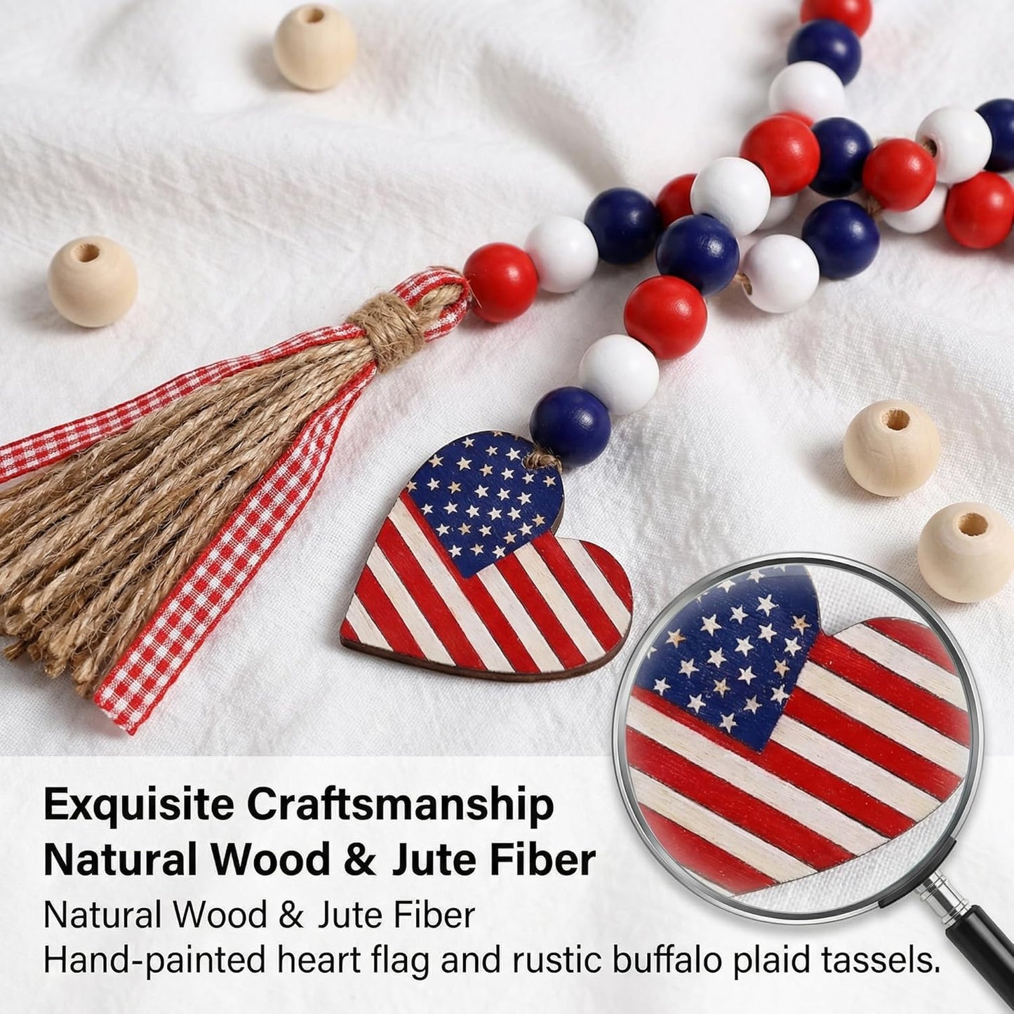 Wood Bead Garland with American Flag and Rustic Tassels, Farmhouse Wall Hanging Prayer Beads Patriotic American Independence Day 4th of July Ornaments for Home Decor