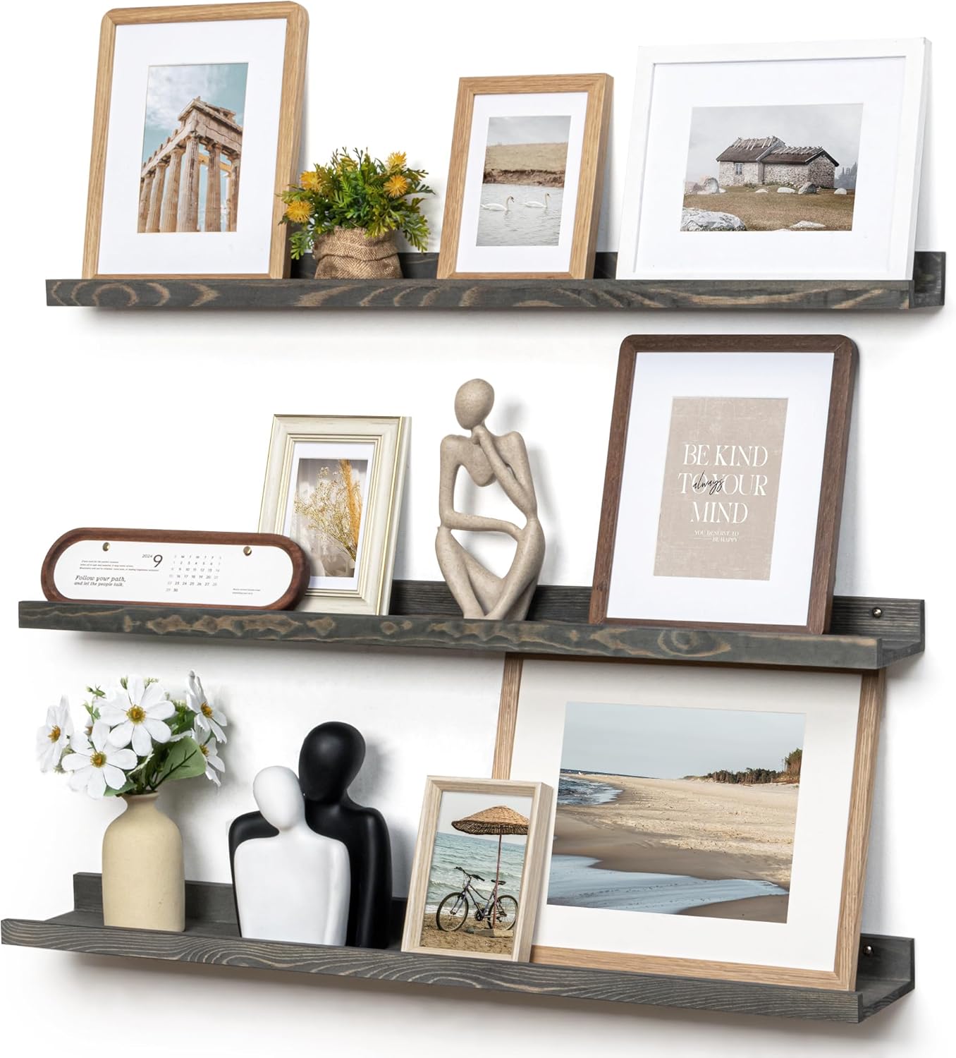 FLYJOE Picture Ledge Shelf, Floating Shelves Set of 2, Solid Pine Wood 55'' Long Large Nursery Book Shelves for Toys Storage, Kids Bookshelf for Living Room Bedroom Decor Books Photo Frames, Walnut