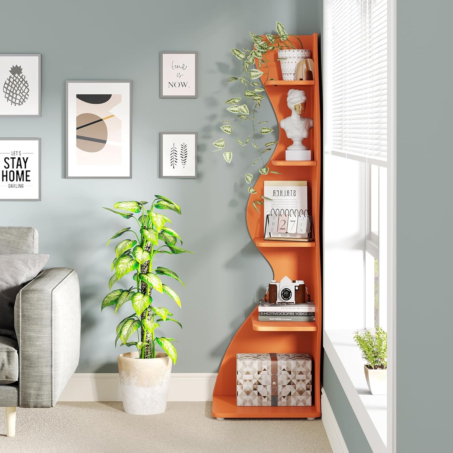Tribesigns Corner Shelf, Modern 5-Tier Wall Corner Bookshelf, Stylish Corner Small Bookcase Storage Rack Plant Stand with Unique Shape for Living Room, Home Office (White, 1PC)