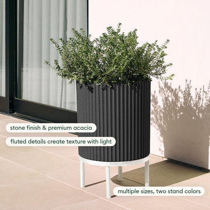 Veradek Demi Series Round Planter w/ Stand for Porch/Patio | Durable Plastic-Concrete & Wooden Stand | Modern Décor for Tall Plants, Flowers