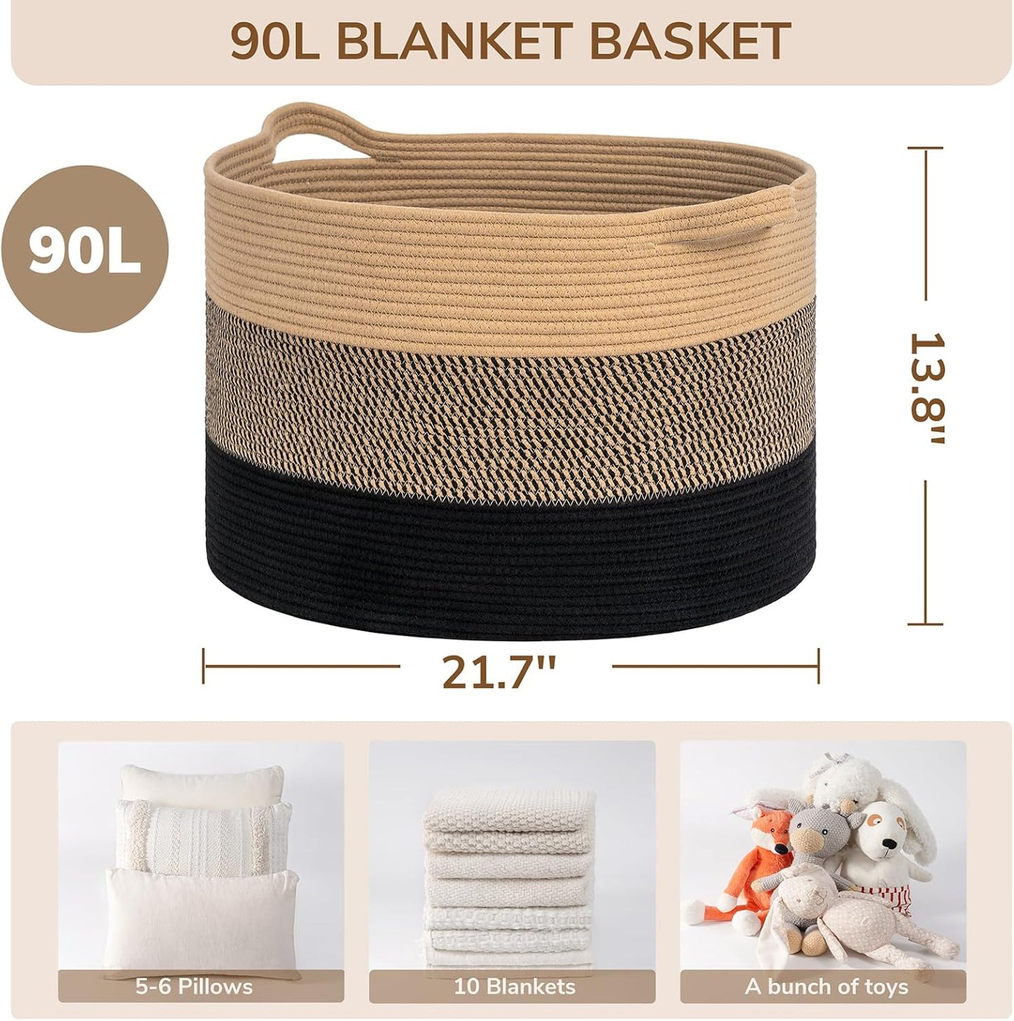 INDRESSME XXXLarge Blanket Basket for Living Room 21.7" x 21.7" x 13.8"-Storage Basket with Handle for Organizing Toy Pillows Woven Cotton Rope Laundry Basket Stuffed Animal Toy Storage for Play Room