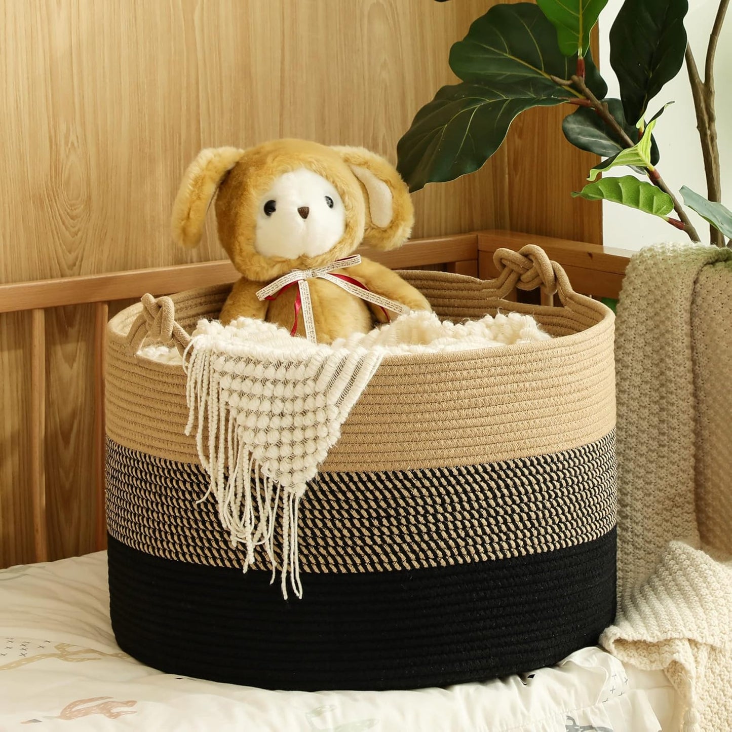 KAKAMAY Large Blanket Basket (20"x13"),Woven Baskets for storage Baby Laundry Hamper, Cotton Rope Blanket Basket for Living Room, Laundry, Nursery, Pillows, Baby Toy chest (White/Brown)