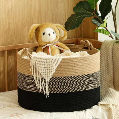 KAKAMAY Large Blanket Basket (20"x13"),Woven Baskets for storage Baby Laundry Hamper, Cotton Rope Blanket Basket for Living Room, Laundry, Nursery, Pillows, Baby Toy chest (White/Brown)