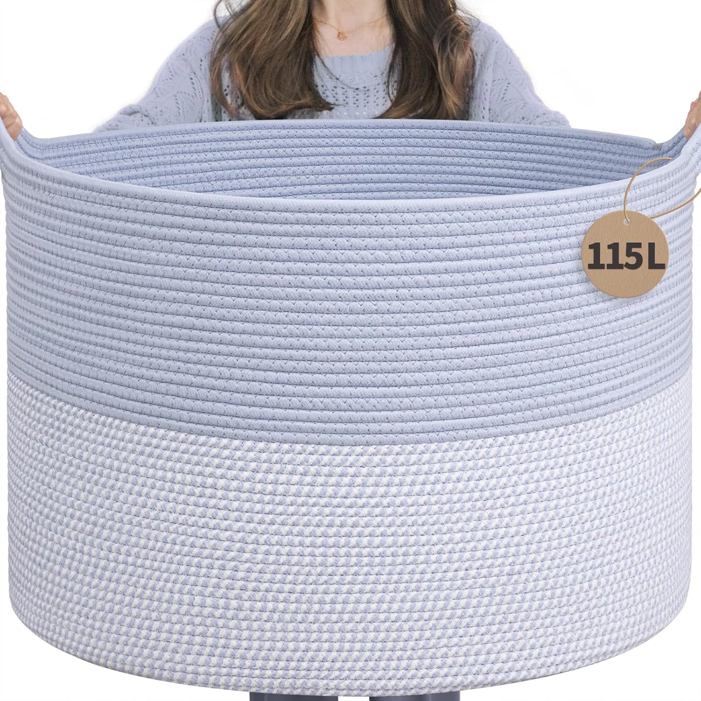 INDRESSME XXXLarge Blanket Basket for Living Room 21.7" x 21.7" x 13.8"-Storage Basket with Handle for Organizing Toy Pillows Woven Cotton Rope Laundry Basket Stuffed Animal Toy Storage for Play Room